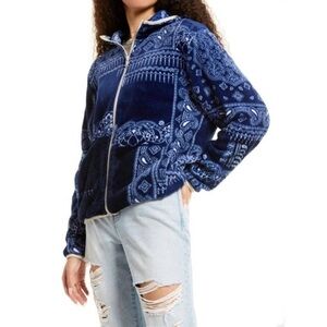BP. Fleece Zip Jacket Hoodie In Navy Bandana Patchwork, Size XXS, NWT